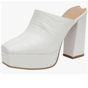 FOWT Women Square Toe Chunky High Heel Platform Mules Slip On Comfy White Shoes